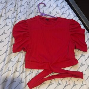 Red Puff Sleeve Tie-Front Top